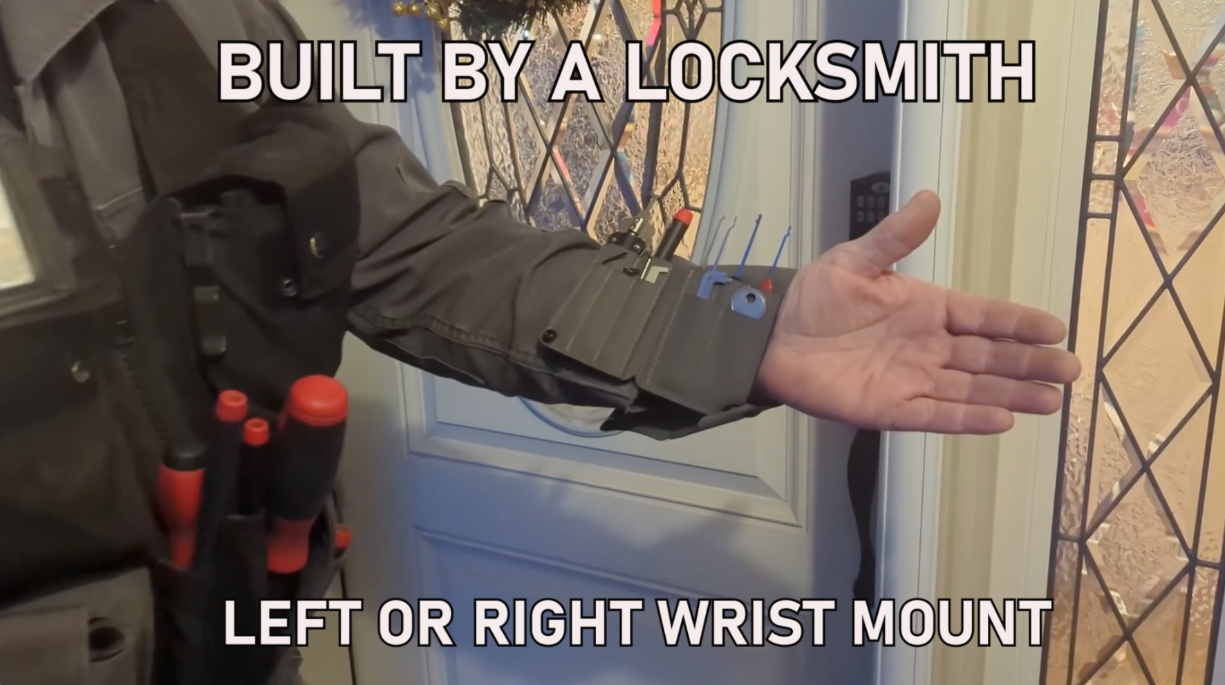 Load video: A demonstration of the Finch pro lock pick case being opened and affixed to the locksmith&#39;s arm for use